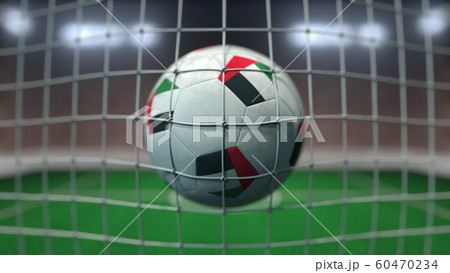 Football with flags of the United Arab Emirates UAE in net against blurred stadium. Conceptual 3D rendering Football with flags of the United Arab Emirates UAE in net against blurred stadium. Conceptual 3D rendering 60470234