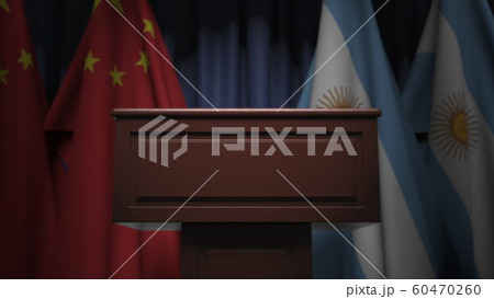 Row of flags of Argentina and China and and speaker tribune, conceptual 3D rendering 60470260