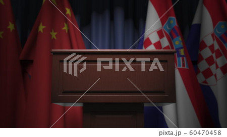 Row of flags of Croatia and China and and speaker tribune, conceptual 3D rendering 60470458