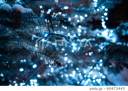 Christmas tree with cones on a city street illuminated with a garland. 60473445