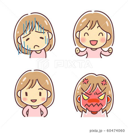女性の喜怒哀楽 ４つの表情のデフォルメイラストのイラスト素材