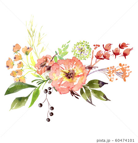 Wedding bridal romanric rustic soft flowers bouquet . Hand drawing watercolor pink and purple and orange flowers ornament Wedding bridal romanric rustic soft flowers bouquet . Hand drawing watercolor pink and purple and orange flowers ornament 60474101