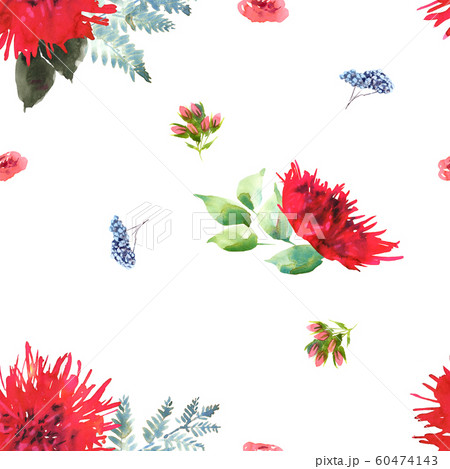 Bright Wedding bridal romanric bouquet seamless pattern. Hand drawing watercolor red and purple and green flowers ornament Bright Wedding bridal romanric bouquet seamless pattern. Hand drawing watercolor red and purple and green flowers ornament 60474143