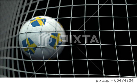 Ball with flags of Sweden in goal against black background. Conceptual 3D rendering 60474204