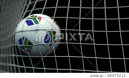 Ball with flags of South Africa in goal against black background. Conceptual 3D rendering 60474212