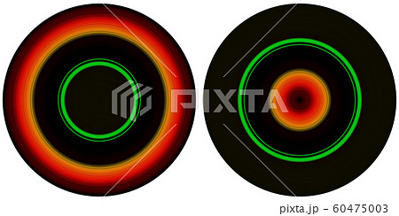 Set of 2 bright abstract colorful circles isolated on white background. Circular lines , radial striped texture in orange, green and black tones. Round pattern 60475003
