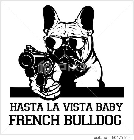 French Bulldog dog with glasses, gun and cigar - French Bulldog gangster. Head of angry French Bulldog 60475612