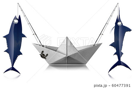 Big game fishing concept - Paper boat with two fishing rods and caught fishes Big game fishing concept - Paper boat with two fishing rods and caught fishes 60477391