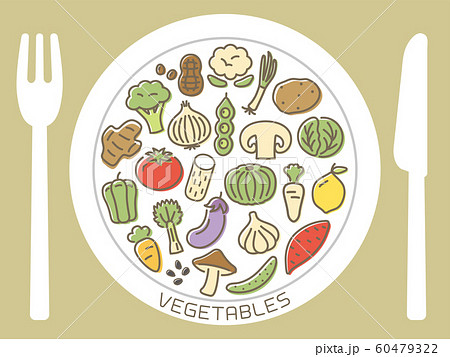 お皿にのっている野菜のアイコンのイラスト素材 [60479322] - Pixta