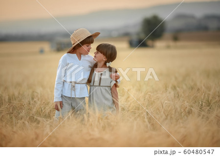Two children a boy and a girl of preschool age walk together in a wheat field Two children a boy and a girl of preschool age walk together in a wheat field 60480547
