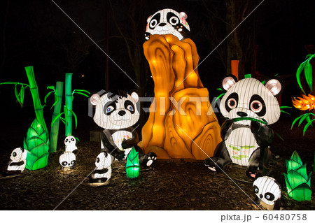 Colorful silk chinese lantern figures demonstrate traditions of Russian and Chinese culture and New Year's mood Colorful silk chinese lantern figures demonstrate traditions of Russian and Chinese culture and New Year's mood 60480758