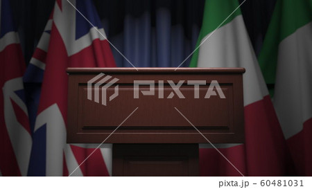Flags of Italy and the United Kingdom at international meeting, 3D rendering 60481031
