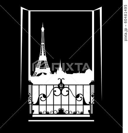 window over Paris city night scene - copy space open balcony door black and white vector design 60481495