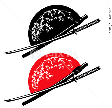 samurai katana sword and sakura bloom with red sun vector design set 60481496