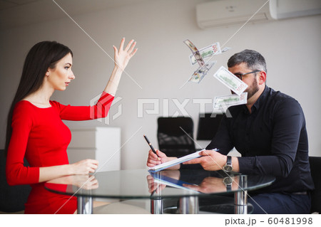 Business. Business Woman Gives Money to Men. Woman Dressed in Red Dress Gives Bribe. Business Man In Gray Jacket Gets Bribe. High Resolution 60481998