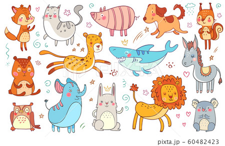 Cute hand drawn animals. Friendship animal funny doodle cat, decorative adorable fox and baby bear isolated vector illustration set Cute hand drawn animals. Friendship animal funny doodle cat, decorative adorable fox and baby bear isolated vector illustration set 60482423