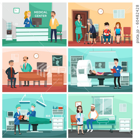 Medical hospital. Clinical care, emergency nurse with patient and hospitals doctor vector cartoon illustration Medical hospital. Clinical care, emergency nurse with patient and hospitals doctor vector cartoon illustration 60482428