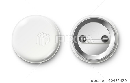 Blank button badge. White pinback badges, pin button and pinned back realistic isolated vector mockup Blank button badge. White pinback badges, pin button and pinned back realistic isolated vector mockup 60482429