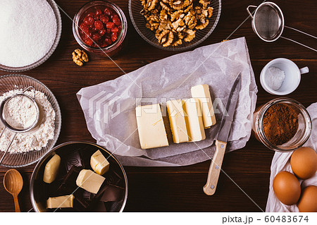 Top view diced butter on wooden table 60483674
