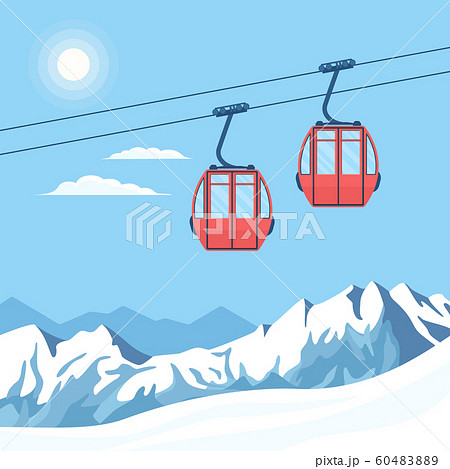 Red ski cabin lift for mountain skiers and snowboarders moves in the air on a cableway. Vector flat illustration. Red ski cabin lift for mountain skiers and snowboarders moves in the air on a cableway. Vector flat illustration. 60483889