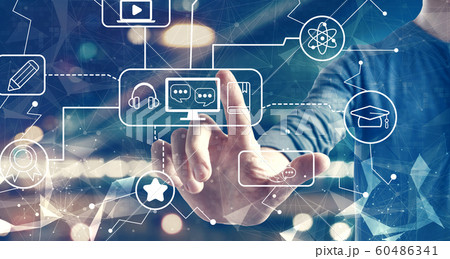 E-learning concept with a man on city background 60486341