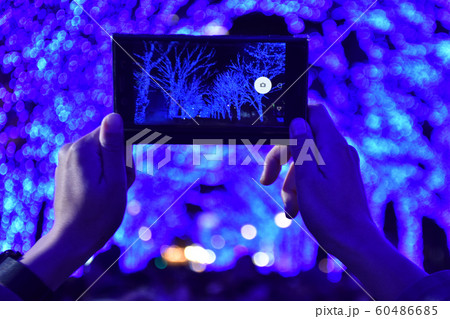 東京でイルミネーションを撮影するスマホ／Illuminated tunnel 60486685