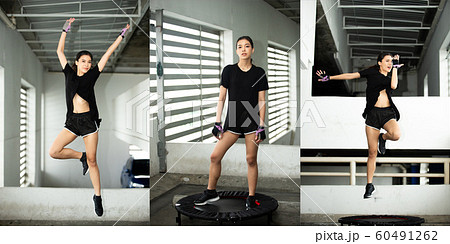Jumping Girl model jumps on a trampoline and Pose 60491262