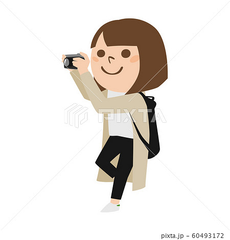 写真を撮っている女性のイラスト カメラで風景を撮影している若い女性 のイラスト素材
