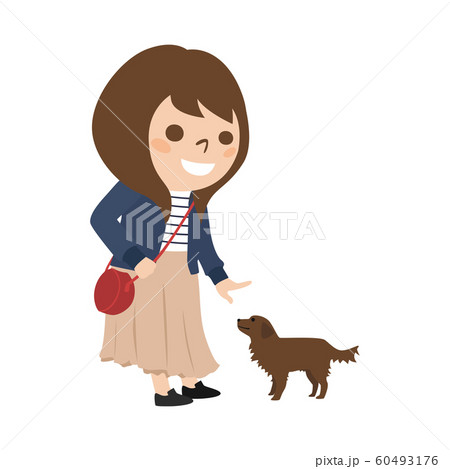 若い女性のイラスト 小型犬と散歩している女性 のイラスト素材