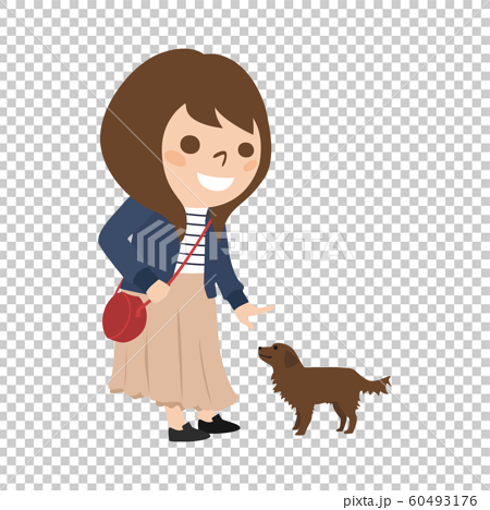 若い女性のイラスト 小型犬と散歩している女性 のイラスト素材