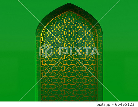 Golden arabic ornament on the green wall with islamic door. 3D illustration 60495123