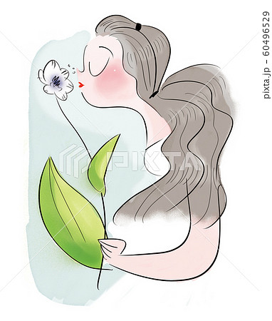 花の香りを楽しむ女性のイラスト素材
