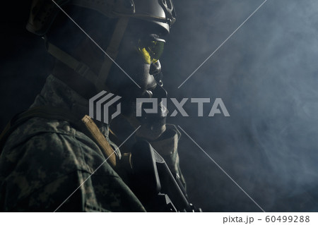 Soldier talking from remote radio communication. 60499288