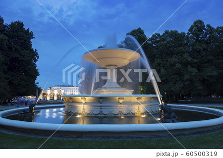 Fountain at night in City buildings at night in Warsaw, Masovia, Poland Fountain at night in City buildings at night in Warsaw, Masovia, Poland 60500319