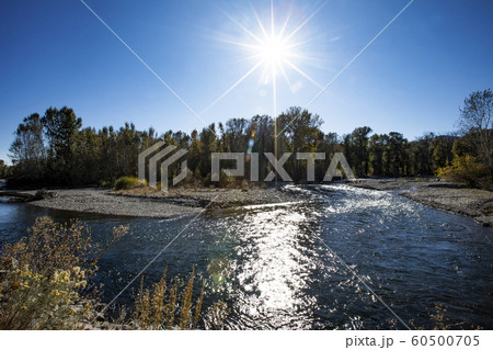 Big Wood River under sun in Bellevue, Idaho, USA 60500705