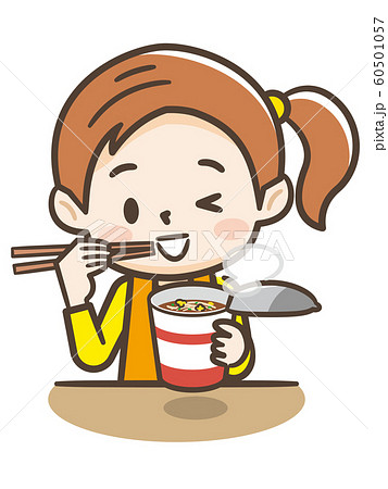 カップラーメンを食べる女の子のイラスト素材