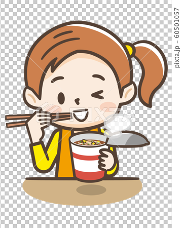 カップラーメンを食べる女の子のイラスト素材