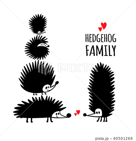 Funny Hedgehog Family Black Silhouette For のイラスト素材
