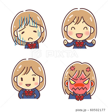 制服の女子高生 喜怒哀楽 ４つの表情のデフォルメイラストのイラスト素材