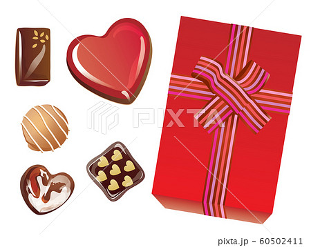 バレンタインデーのハートチョコレートとリボンのついた箱のセットのイラスト素材