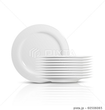 A pile and stack of clean white dishes and plates for serving food. 60506065