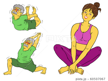 ヨガフィットネスをする、インストラクターの女性とシニア男性３セット 60507067