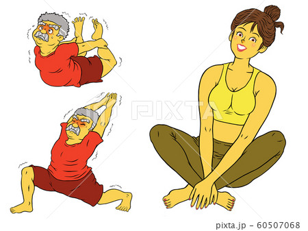 ヨガフィットネスをする、インストラクターの女性とシニア男性３セット 60507068