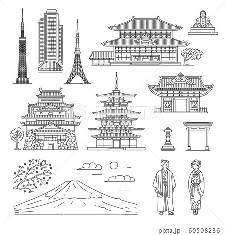Japan line art set - Oriental architecture, people in national clothes and Fuji 60508236