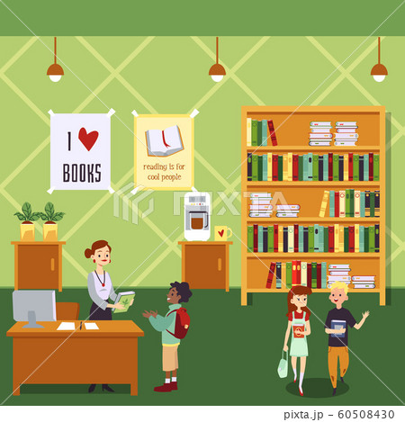 Kid library interior with cartoon children holding books and female librarian 60508430