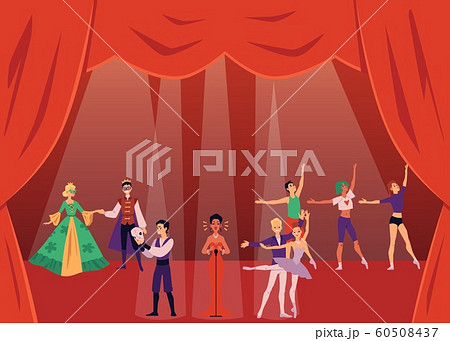 Theater actors or show artists on stage with curtains flat vector illustration. 60508437