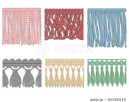 Garment fringe. Ruffle seam trim, raw textile edge and tassel braid ruffles isolated seamless patterns illustration set Garment fringe. Ruffle seam trim, raw textile edge and tassel braid ruffles isolated seamless patterns illustration set 60508939