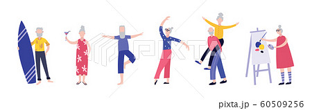Active cartoon old people having fun - isolated flat set Active cartoon old people having fun - isolated flat set 60509256