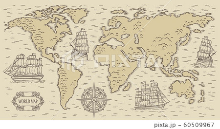 Ancient rusic world map with engraved nautical elements vector illustration. Ancient rusic world map with engraved nautical elements vector illustration. 60509967