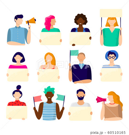 Activist holding placard. Protest active people, male and female hold poster and protesting activists vector illustration bundle 60510165